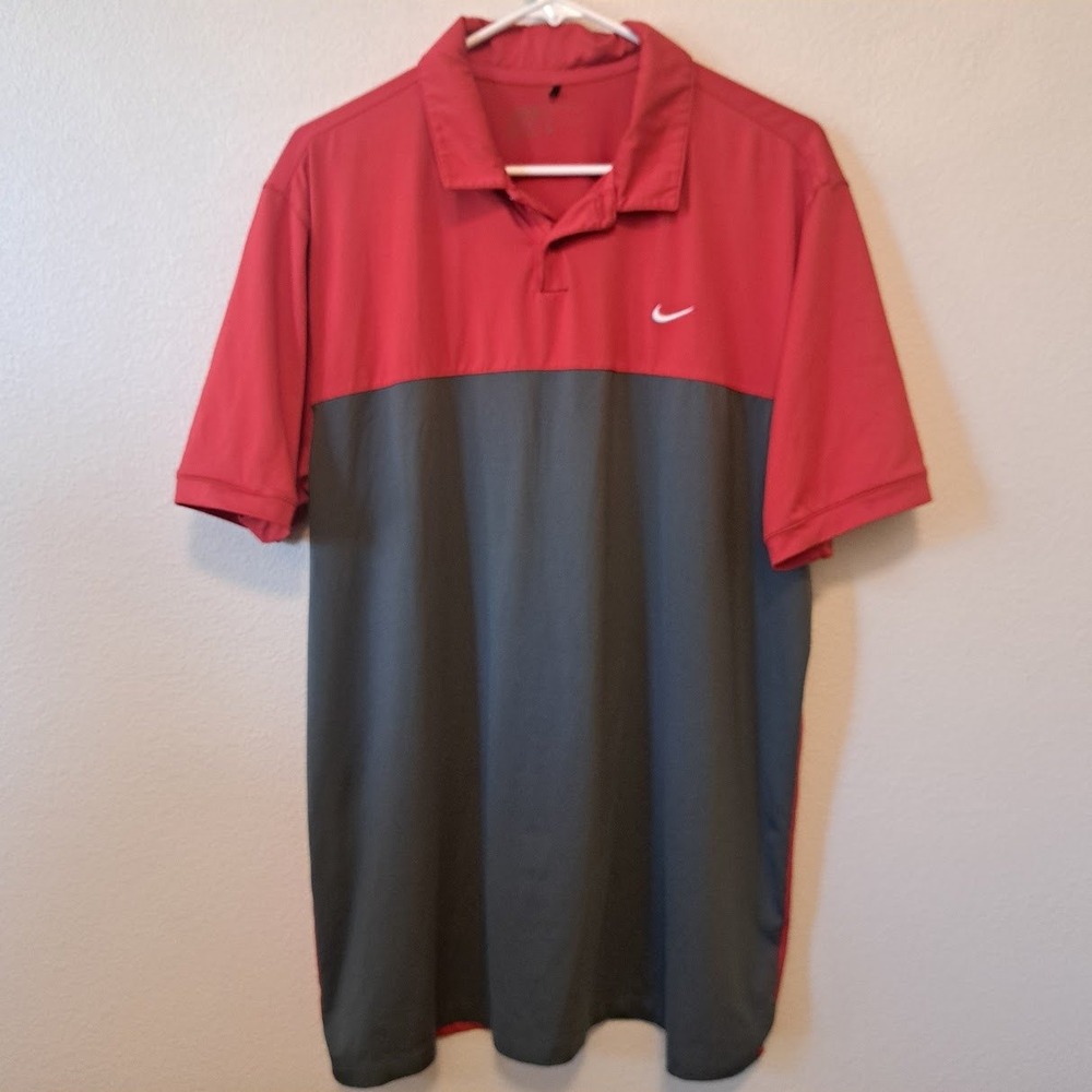 Nike Golf Dri-FIT Polo Shirt Mens Large Red Gray Colorblock Standard Fit Swoosh